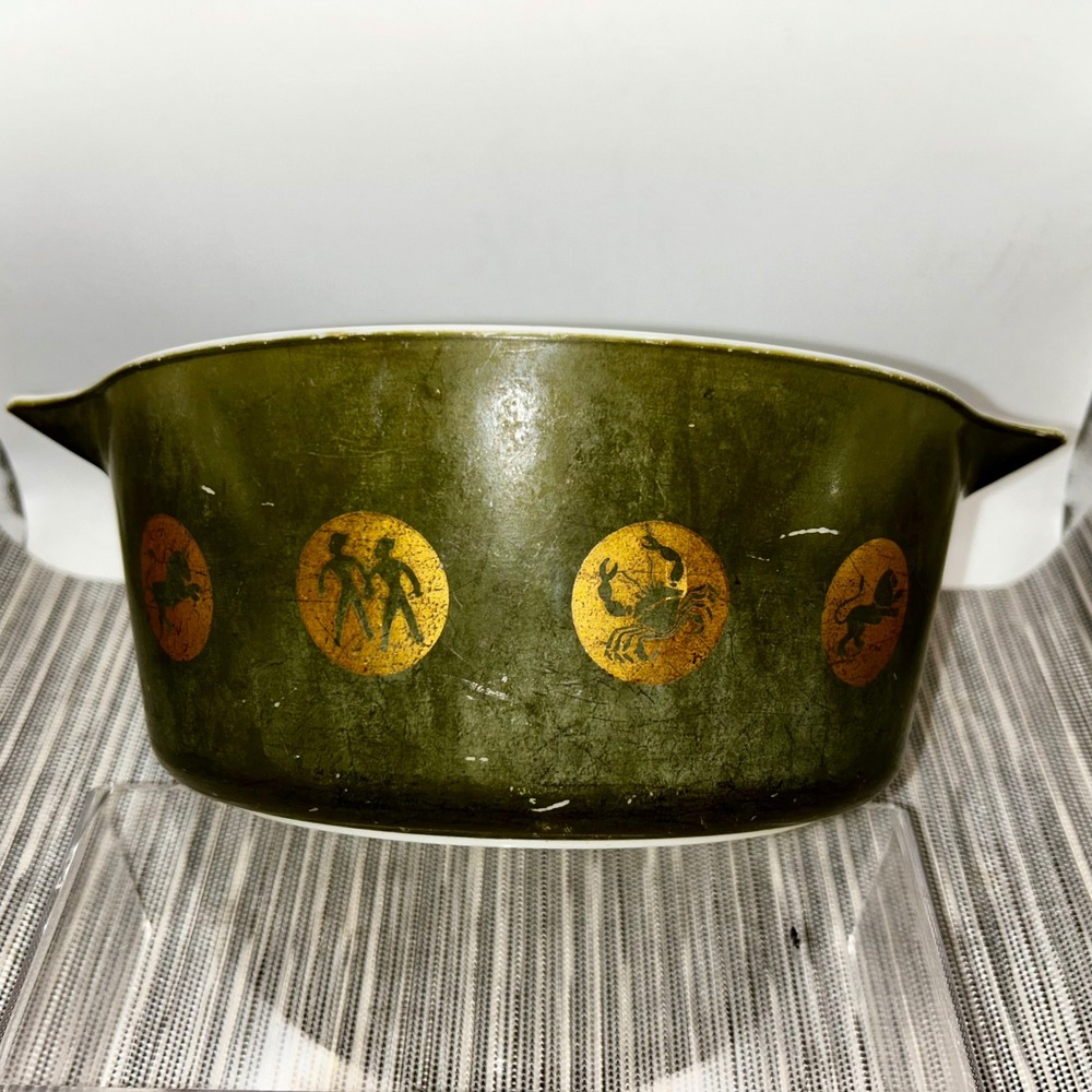 Vintage Pyrex Zodiac 475-B 2.5 Qt Casserole Dish Olive Green Gold MCM 1961